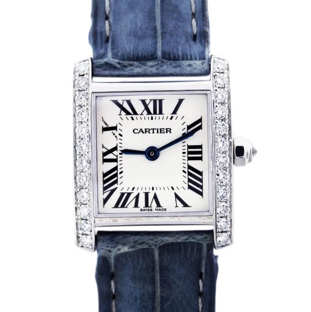 The fancy copy Cartier Tank Francaise watches are made from 18k white gold and decorated with diamonds.