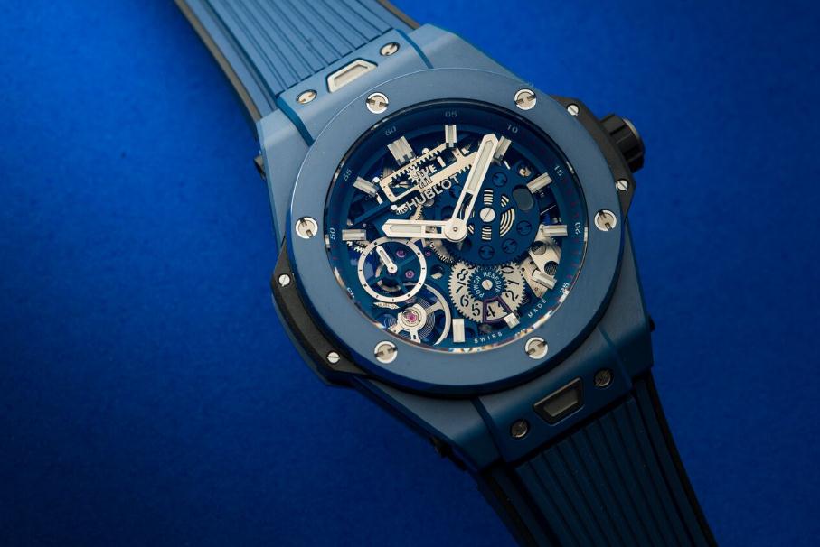 The blue ceramic fake Hublot Big Bang Meca-10 watches have skeleton dials.