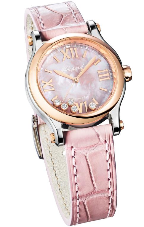 The pink leather straps copy watches have pink mother-of-pearl dials.